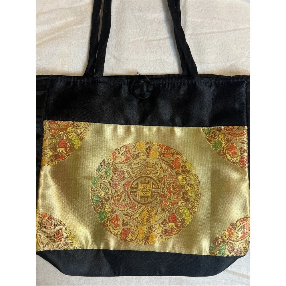 Vintage‎ Asian Satin Gold Black Handbag Tote Medium Knot Closure